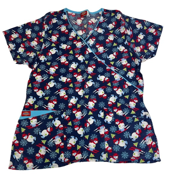 Dickies Womens Small Scrub Top Winter Snowman Blue V Neck Pockets Uniform - Picture 1 of 7